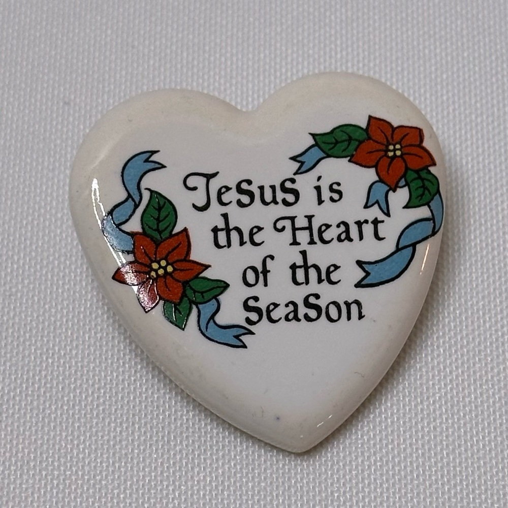 Vintage Pin Broach Jesus is the Heart of the Season Heart Ceramic 90s Christmas